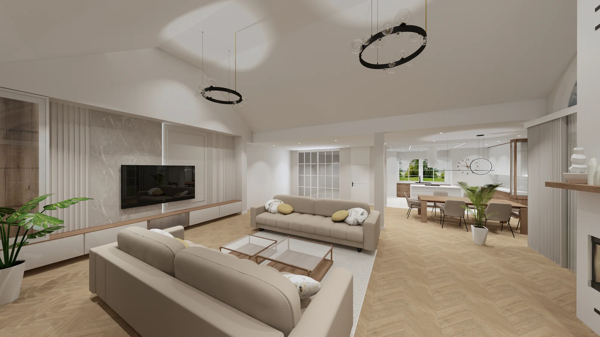 Elegancki salon z jadalnią: jodełka na podłodze, okrągłe żyrandole i jasna zabudowa - projekt Dolecińska Projekt